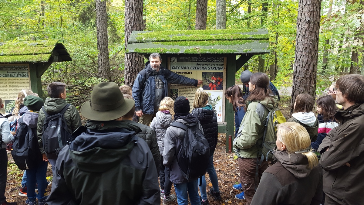 uczestnicy warsztatów w rezerwacie przyrody „Cisy nad Czerską Strugą” słuchają wykładu, dookoła las, obok  tablica edukacyjna